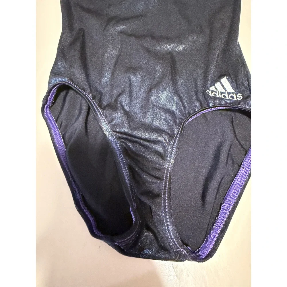 Adidas GK Elite Gymnastics Leotard Kids Black Purple Metallic Shimmer Strappy